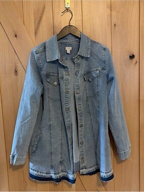 LOGO by Lori Goldstein Frayed Hem Denim Jean Jacket Light Wash 14 Stretch